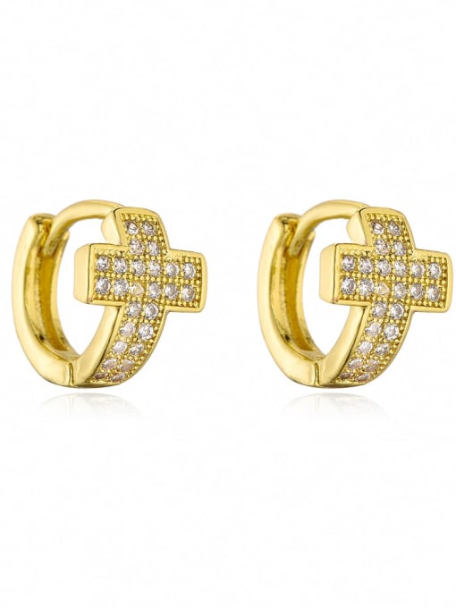41677 Brass Cubic Zirconia Enamel Cross Dainty Huggie Earring
