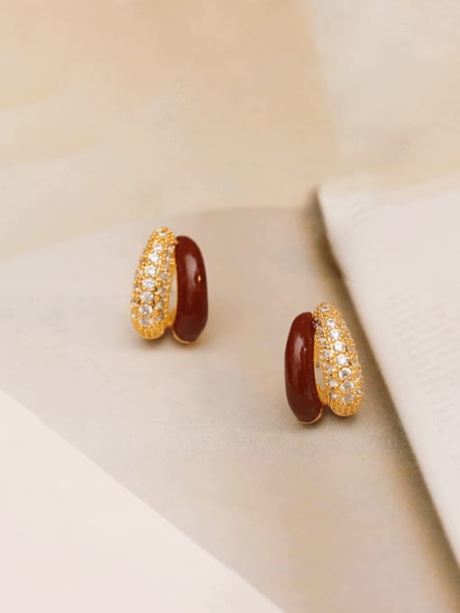 16K Golden Pearl Wine Red Brass Rhinestone Enamel Geometric Minimalist Stud Earring