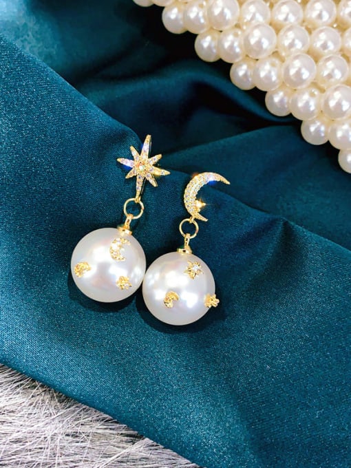 Gold asymmetry Copper Imitation Pearl Star Moon Minimalist Drop Earring