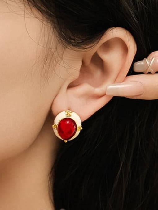 Five Color Brass Glass Stone Geometric Vintage Stud Earring 1
