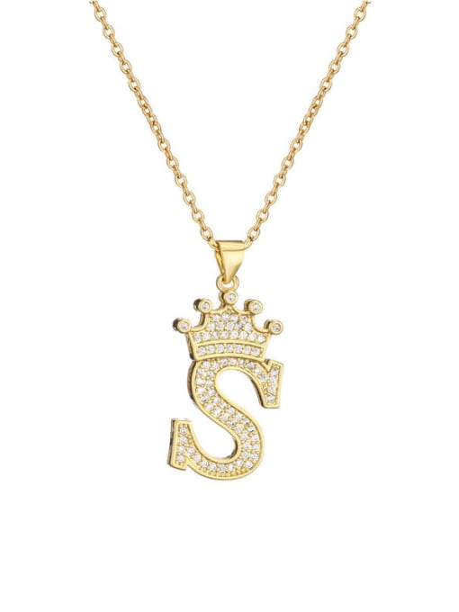 S Brass Cubic Zirconia Crown Vintage Letter Pendant Necklace