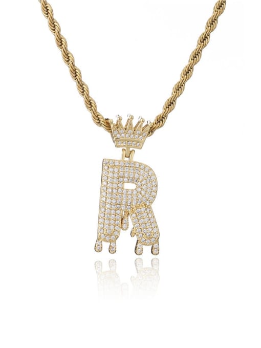 R Brass Cubic Zirconia Crown Hip Hop Letter Pendant Necklace