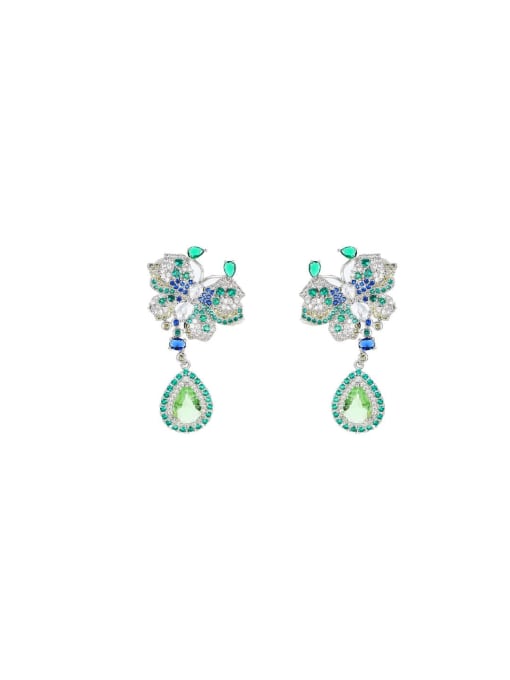 OUOU Brass Cubic Zirconia Green Flower Luxury Stud Earring 0