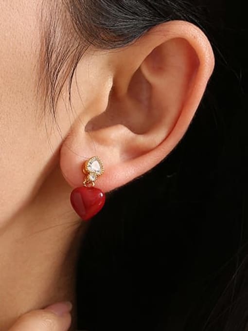 Five Color Brass Cubic Zirconia Enamel Heart Minimalist Drop Earring 3