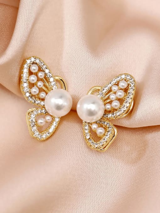 14k Gold  Ear clip Brass Cubic Zirconia Bowknot Vintage Stud Earring