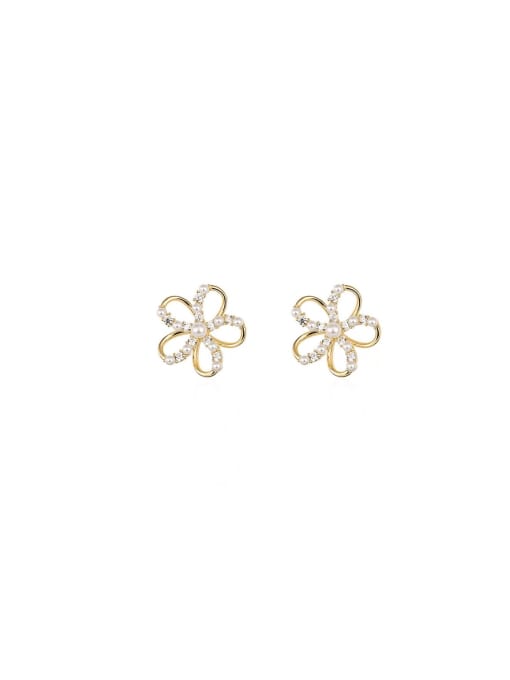 Gold E839 Brass Cubic Zirconia Flower Dainty Stud Earring