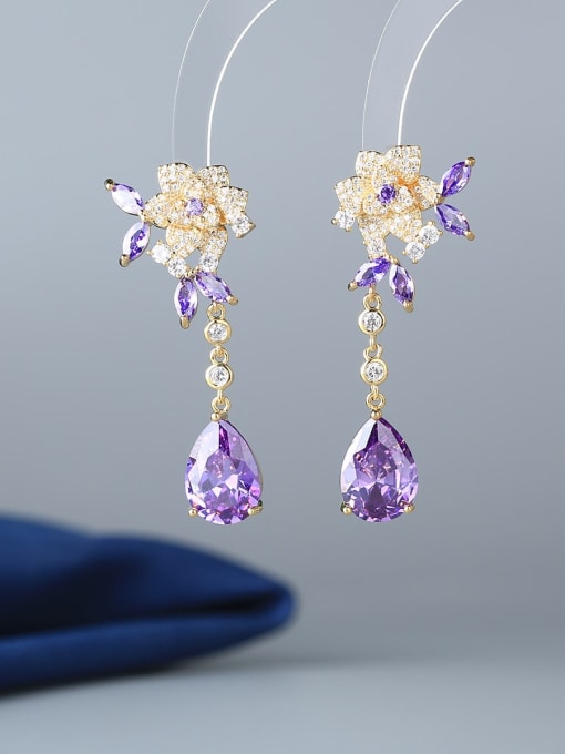 purple Brass Cubic Zirconia Flower Luxury Cluster Earring