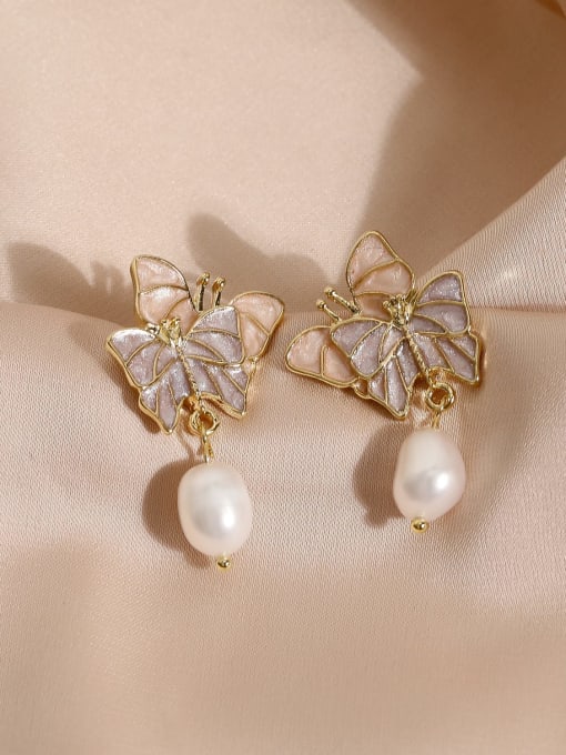 14k Gold Brass Freshwater Pearl Enamel Butterfly Vintage Clip Earring