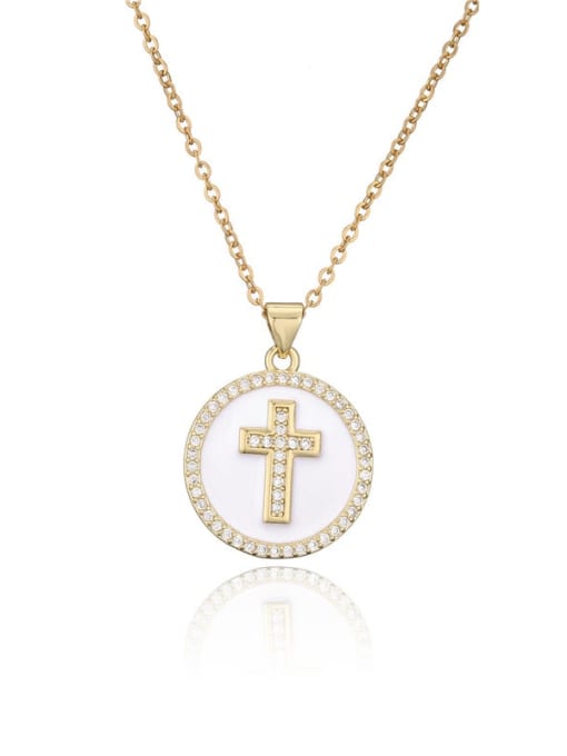 golden Brass Cubic Zirconia Round Minimalist Cross Pendant Necklace