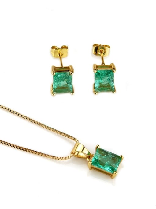 Gold Plated green zircon Brass Rectangle  Cubic Zirconia Earring and Necklace Set