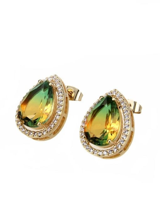 Green yellow gradient Brass Water Drop Cubic Zirconia  Luxury Stud Earring