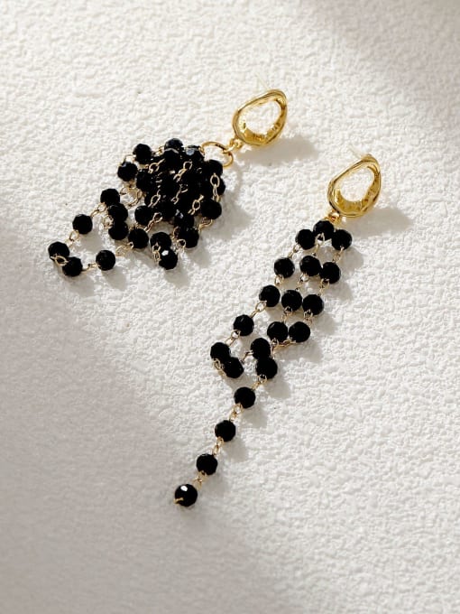 14k Gold Black Brass Crystal Tassel Minimalist Threader Earring