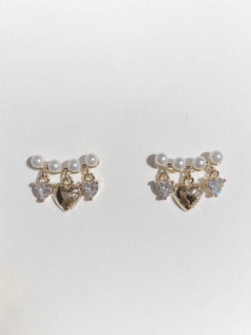 Pearl Heart Zircon Earrings Brass Imitation Pearl Heart Vintage Stud Earring