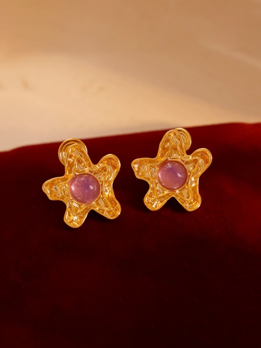 18K gold+ purple  ear clip Brass Resin Flower Minimalist Stud Earring