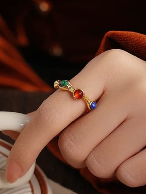 Five Color Brass Natural Stone Geometric Vintage Band Ring 1