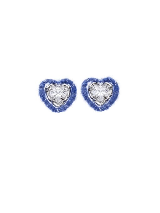 Blue woolen style Brass Cubic Zirconia Heart Hip Hop Stud Earring