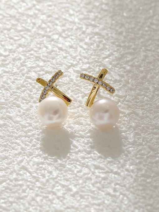 14k Gold Brass Imitation Pearl Cross Minimalist Stud Earring