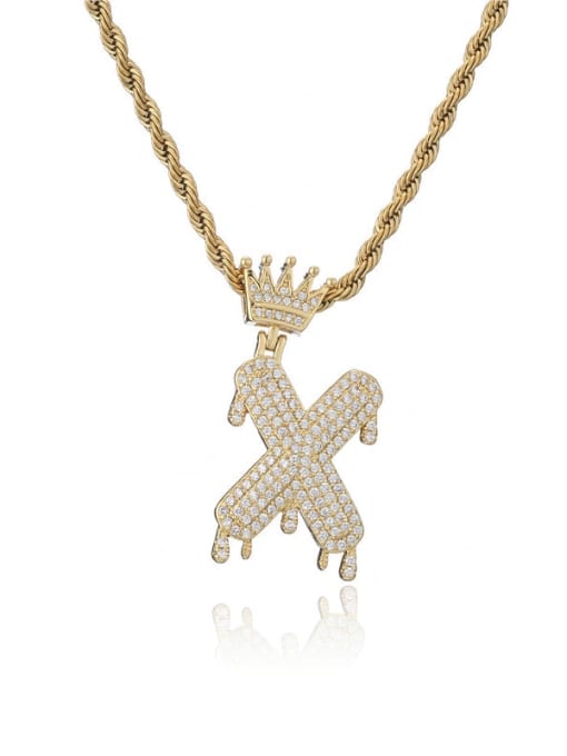 X Brass Cubic Zirconia Crown Hip Hop Letter Pendant Necklace