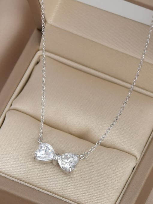 Steel color XL62726 Brass Cubic Zirconia Bowknot Dainty Necklace