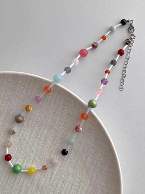 White tube natural color bead necklace Alloy Natural Stone Geometric Bohemia Beaded Necklace