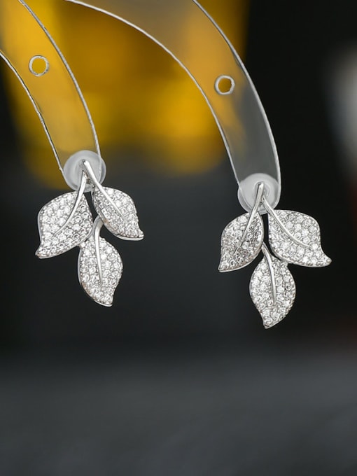 Silver ED65981 Brass Cubic Zirconia Leaf Dainty Stud Earring