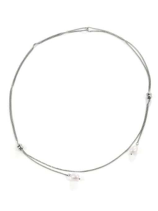 TINGS Titanium Steel Imitation Pearl Tassel Minimalist Long Strand Necklace 2