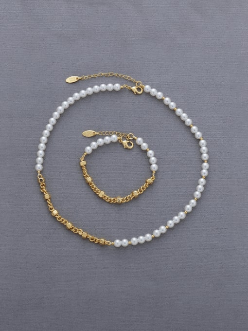 Five Color Brass Imitation Pearl Hip Hop Geometric  Bracelet and Necklace Set 2