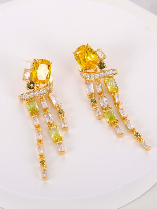 yellow Brass Cubic Zirconia Geometric Tassel Luxury Cluster Earring