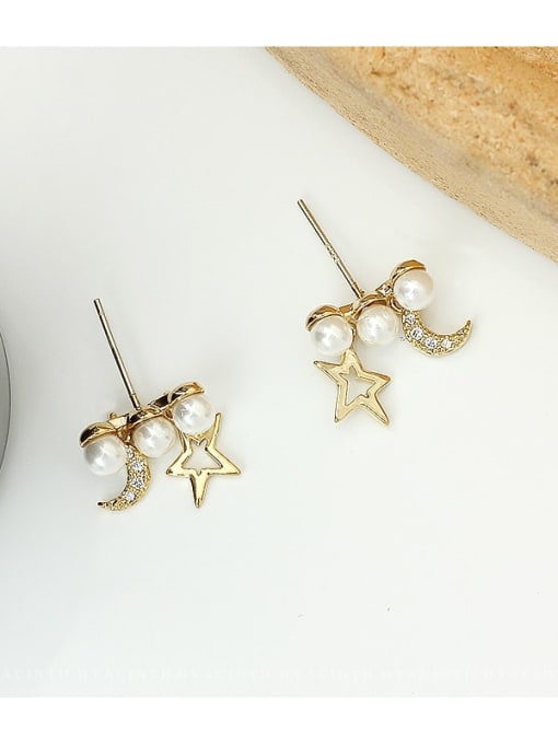 HYACINTH Copper Imitation Pearl Star Moon Minimalist Stud Trend Korean Fashion Earring 2