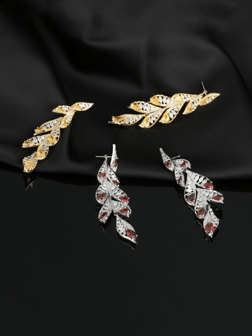 OUOU Brass Cubic Zirconia Leaf  Tassel Luxury Cluster Earring 0