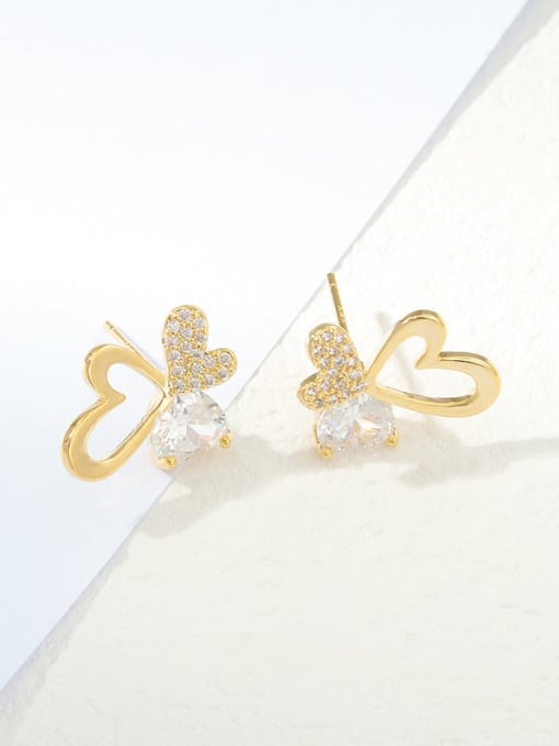 Gold E977 Brass Cubic Zirconia Heart Dainty Stud Earring