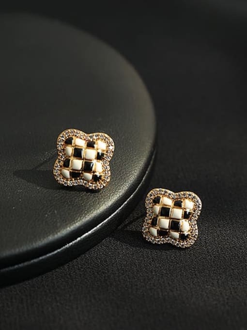 Black and white chessboard Earrings Brass Cubic Zirconia Clover Vintage Stud Earring