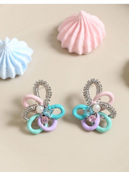 Five Color Brass Imitation Pearl Enamel Flower Cute Stud Earring 2