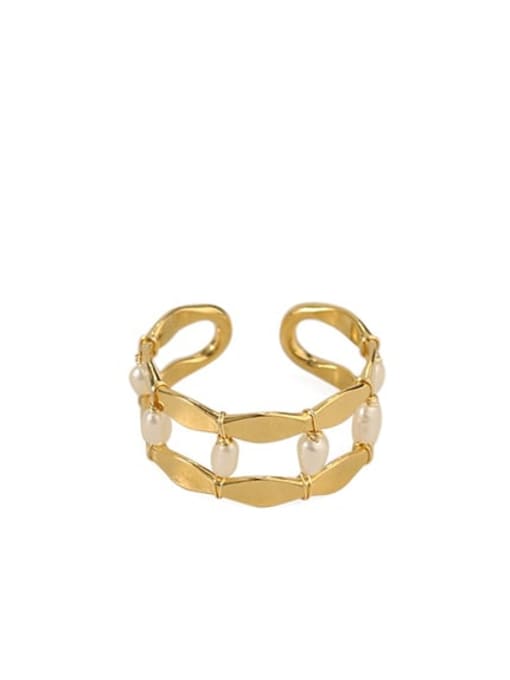 golden Brass Freshwater Pearl Geometric Bohemia Band Ring
