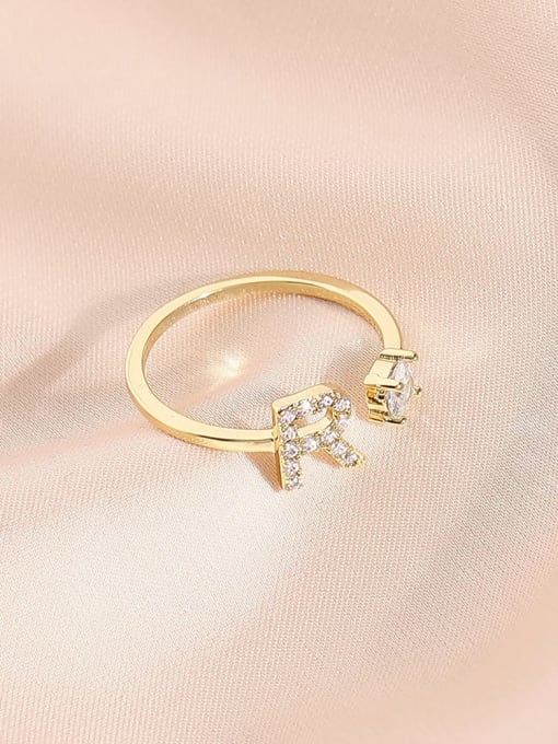 14k Gold R Brass Cubic Zirconia Letter Minimalist Band Ring