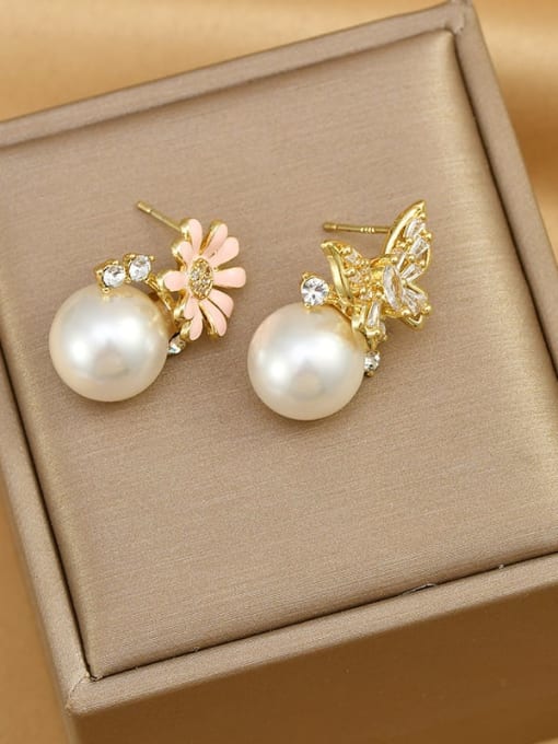 Gold ED00201 Brass Imitation Pearl Enamel Flower Dainty Stud Earring