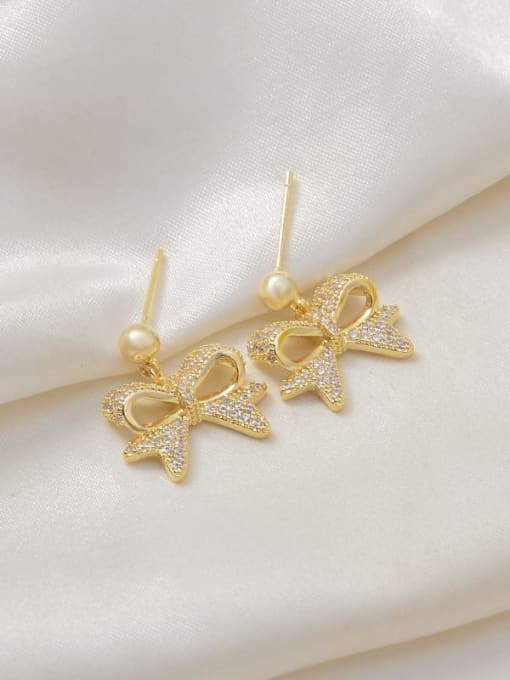 Gold E096 Brass Cubic Zirconia Bowknot Dainty Stud Earring