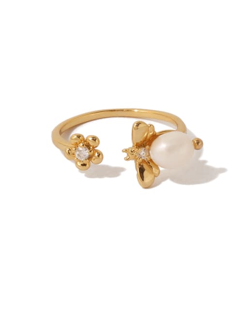 golden Brass Imitation Pearl Flower Vintage Band Ring