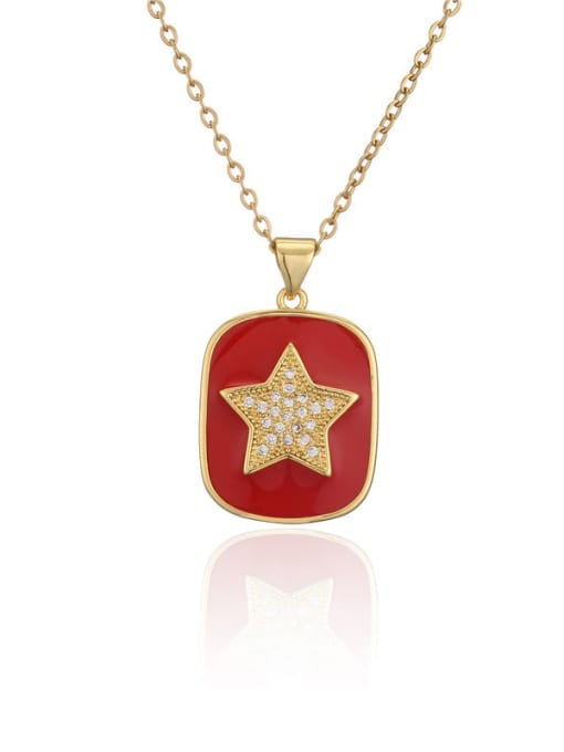 red Brass Cubic Zirconia Rectangle Vintage Five-pointed star Necklace