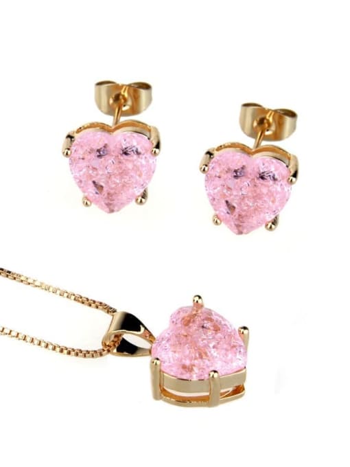 Gold Plated Pink explosive stone Brass Cubic Zirconia Dainty Heart  Earring and Necklace Set