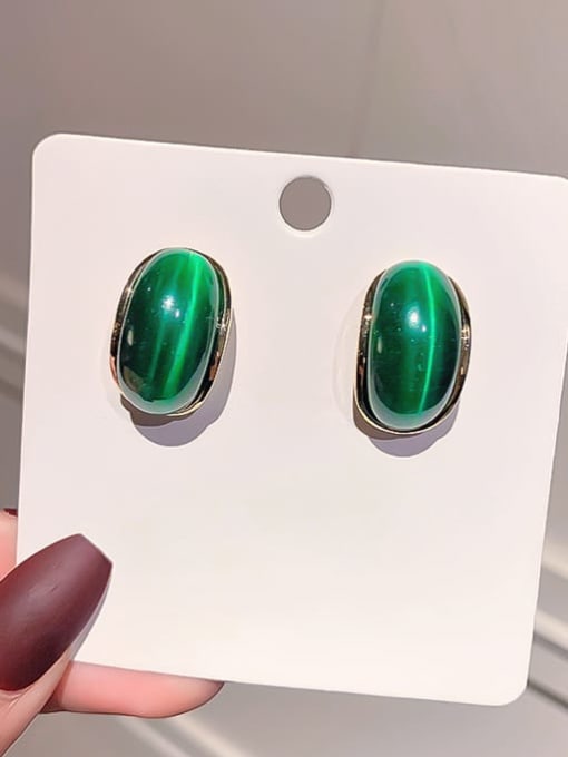 Silver needle. (real gold) Green Opal Alloy Cats Eye Geometric Minimalist Stud Earring