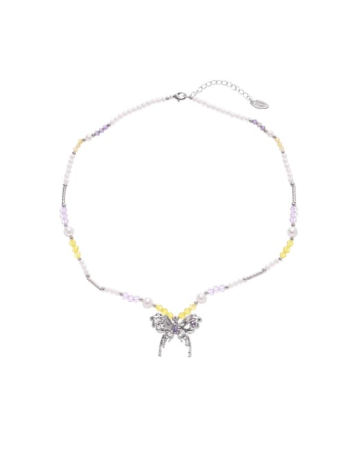 Butterfly pendant necklace Brass Imitation Pearl Butterfly Vintage Beaded Necklace