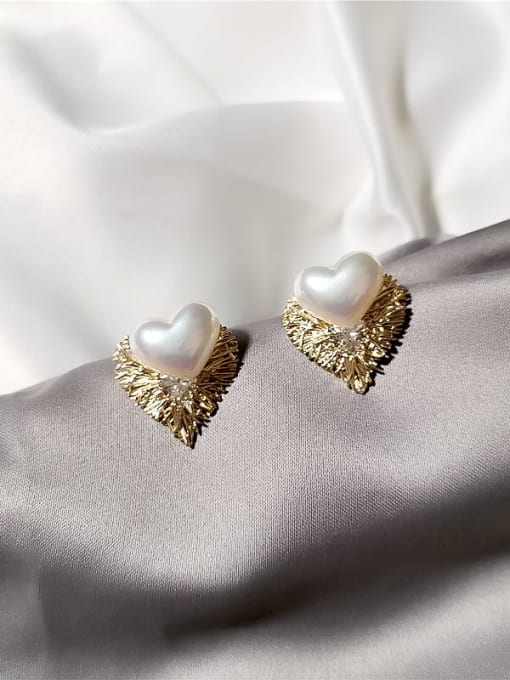 14k gold Copper Freshwater Pearl Heart Minimalist Stud Trend Korean Fashion Earring