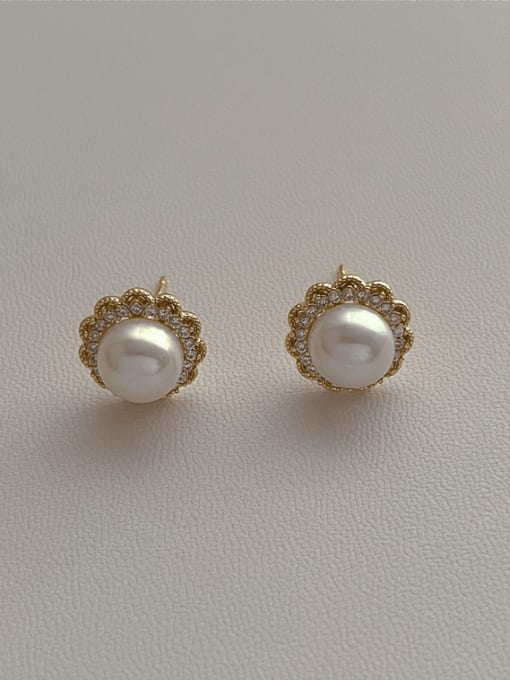 Flower Pearl Earrings Brass Cubic Zirconia Flower Vintage Stud Earring