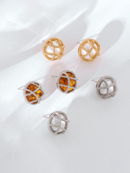 Five Color Brass Imitation Pearl Round Minimalist Stud Earring 1