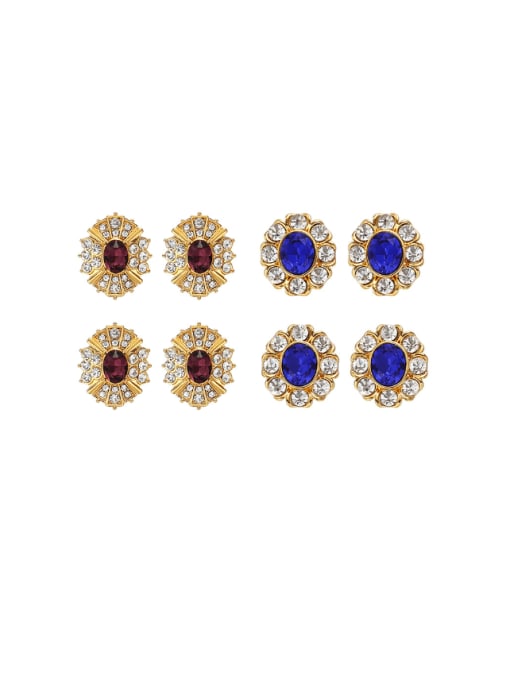Five Color Brass Glass Stone Geometric Vintage Stud Earring 0