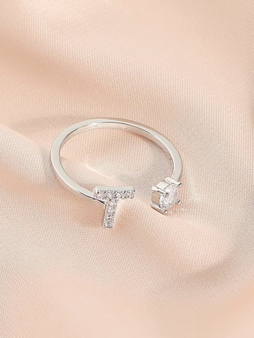 White K+ T Brass Cubic Zirconia Letter Minimalist Band Ring