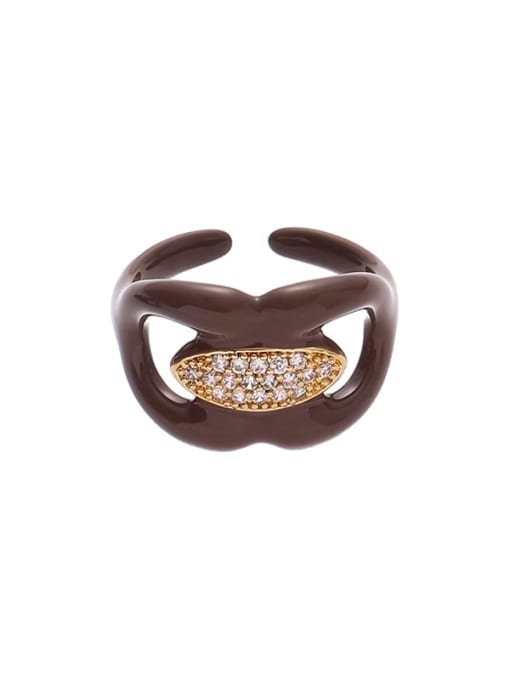 Brown Dropping Oil Ring Brass Enamel Cubic Zirconia Geometric Minimalist Band Ring