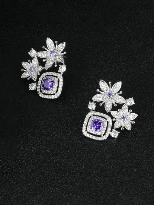 purple Brass Cubic Zirconia Flower Luxury Stud Earring