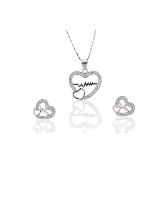 silvery Brass Rhinestone Dainty Heart  Earring and Necklace Set
